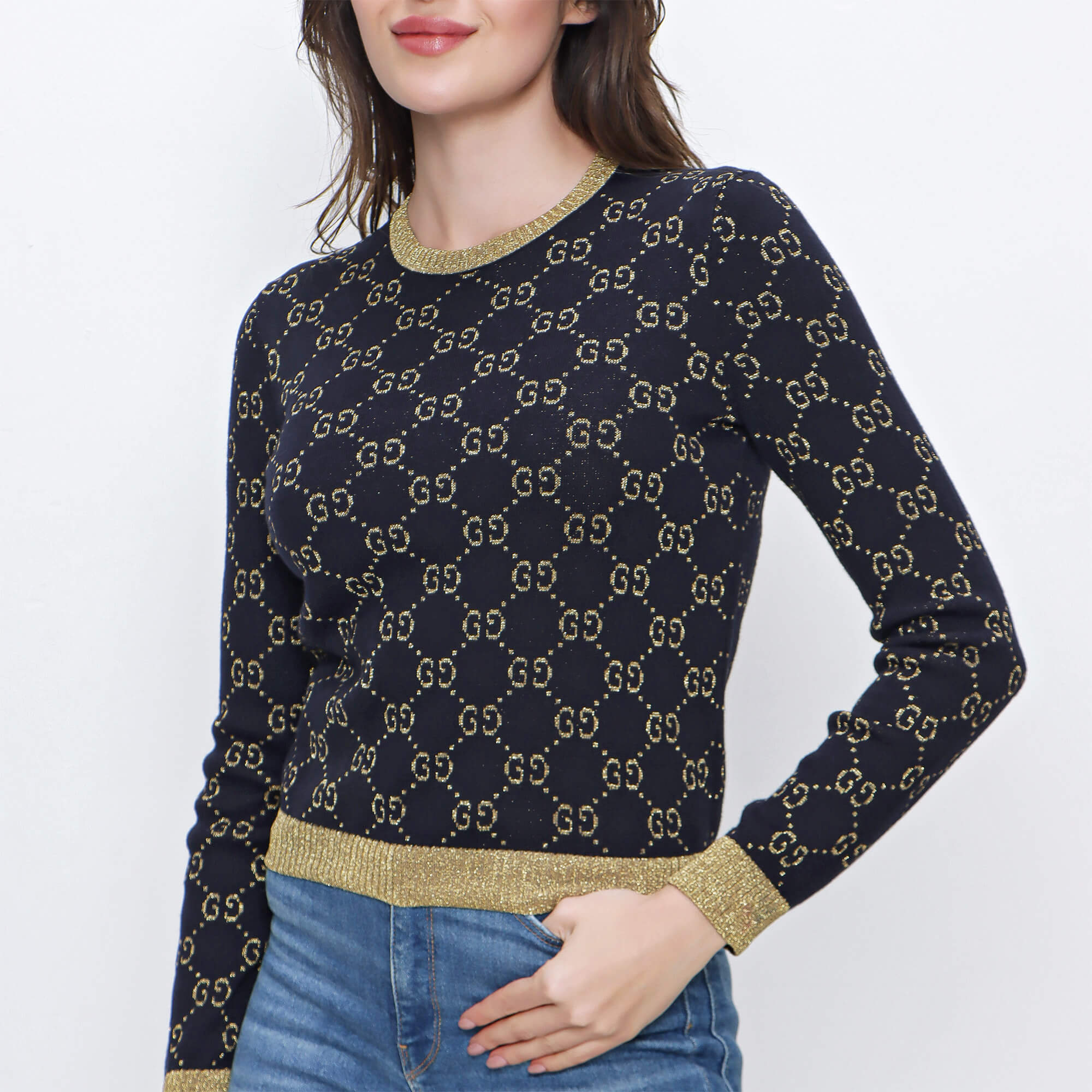 Gucci - Navy / Gold Cotton Metallic Intarsia GG Sweater 